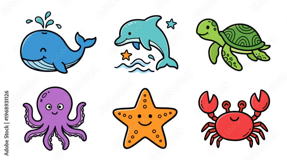 Obraz premium Colorful doodle sea animal set with cute cartoon ocean creatures