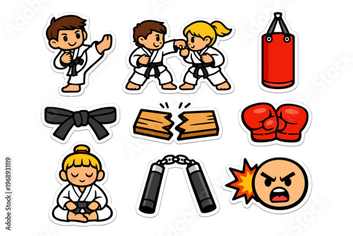 Cartoon martial arts characters and gear: kids practicing karate and boxing icons.
