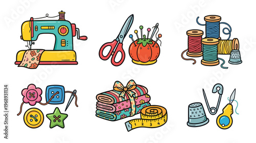 Colorful doodle sewing tools set with cute craft equipment icons