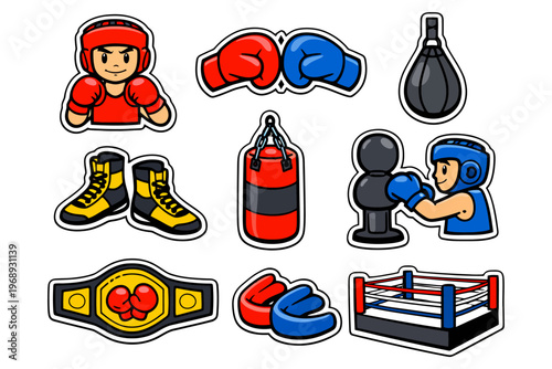 Boxing equipment and training icons with cartoon boxers.