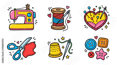 Colorful doodle sewing tools set with cute craft equipment icons