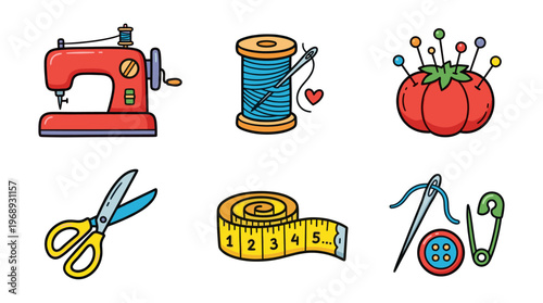 Colorful doodle sewing tools set with cute craft equipment icons