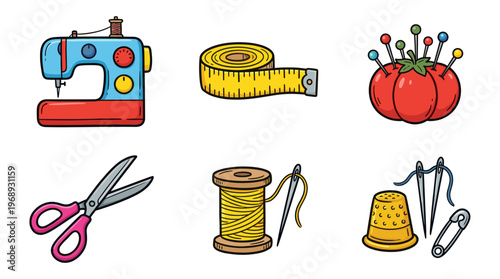 Colorful doodle sewing tools set with cute craft equipment icons