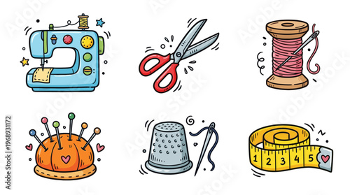 Colorful doodle sewing tools set with cute craft equipment icons