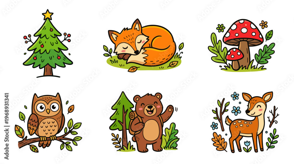 Obraz premium Colorful doodle forest nature icons with cute woodland elements