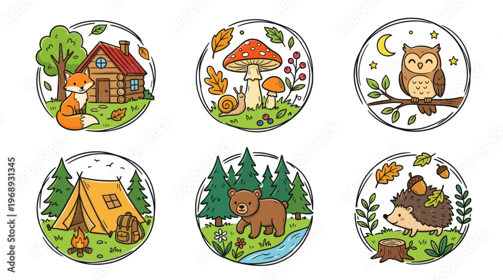 Fototapeta premium Colorful doodle forest nature icons with cute woodland elements
