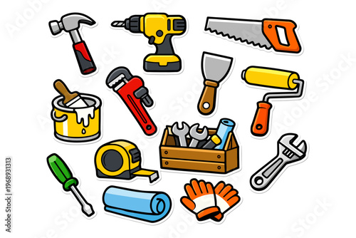 Collection of cartoon hand tools including hammer, drill, wrench, and more.