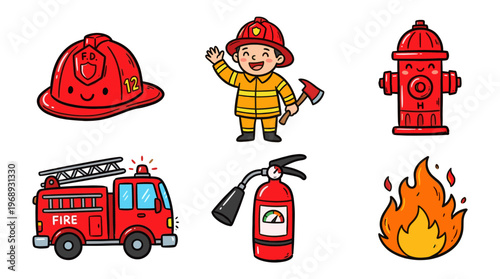 Colorful doodle firefighter rescue icons with cute emergency service characters