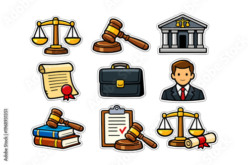 Legal icons set: justice scales, courthouse, gavel, contract, businessman.