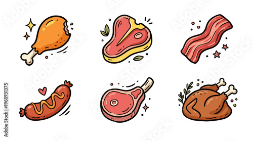 Colorful doodle meat food icons with cute butcher and fast food elements