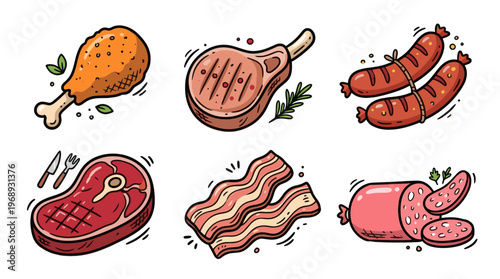 Colorful doodle meat food icons with cute butcher and fast food elements