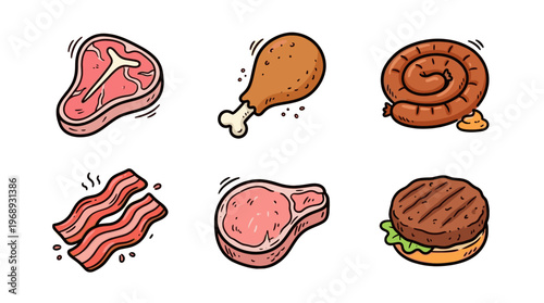 Colorful doodle meat food icons with cute butcher and fast food elements