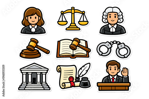 Law and justice icons featuring judges, legal symbols, and courtroom elements.