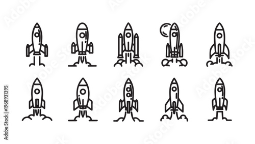 Rocket Ship Icons Set Space Exploration Launch Futuristic Technology Vector Illustration