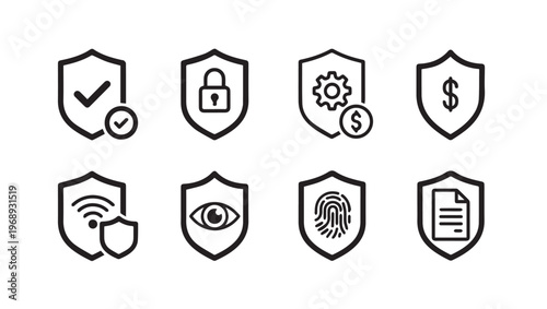 Security Icons Set: Shield with Checkmark Lock Cog Dollar WiFi Eye Fingerprint Document