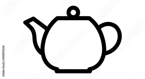 Black and white illustration of a classic teapot with spout, handle, and lid isolated on a plain background.