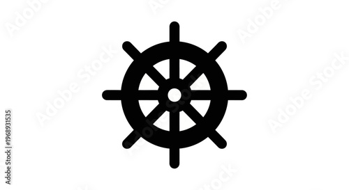 Illustration of a ship’s wheel with wooden spokes, isolated on a plain background.