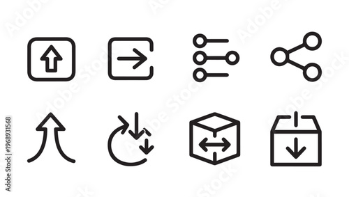 Set of 8 minimalist icons for upload download export list share rotate 3D and box. Vector illustration