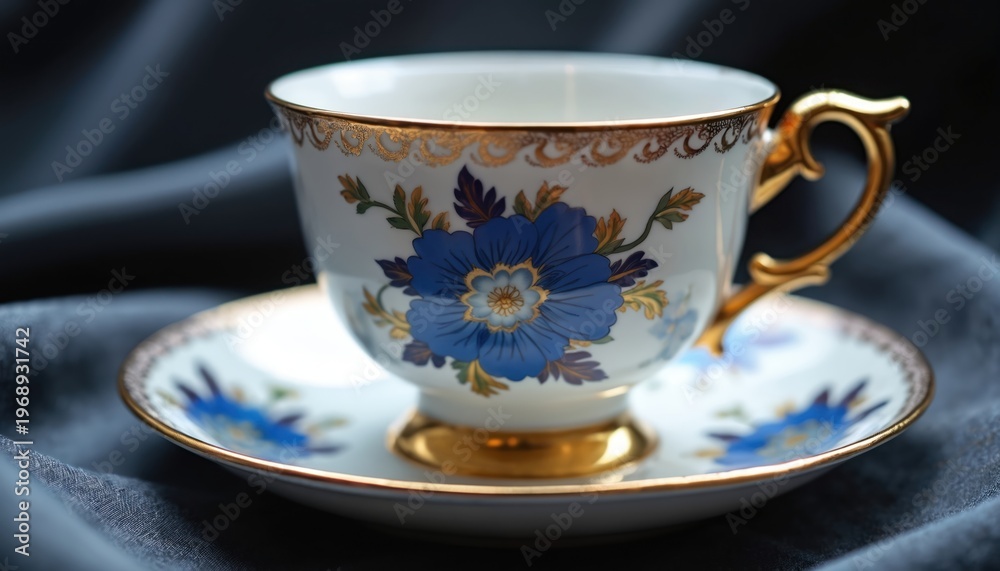 Fototapeta premium Elegant white porcelain teacup with blue floral pattern and gold trim. Detailed floral design on saucer. Classic tableware piece for tea time. Graceful antique cup and dish.