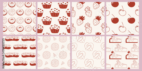 Set of seamless vector patterns with donuts, muffins, strawberries and cherries, cheesecake slices, eclairs, pies, bavarian pretzels. Minimalist pastries red line style on beige. For bakery, packaging