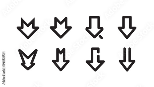 Set of eight down arrow icons with different styles outline vector graphics