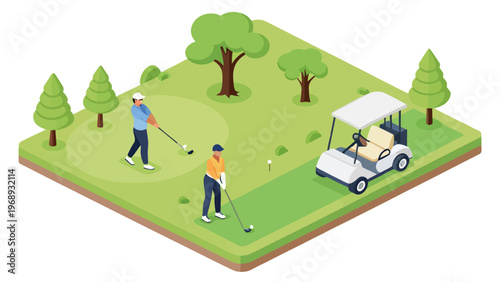An isometric illustration of two golfers playing on a green course with trees and a golf cart