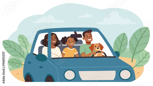 A happy family with their dog enjoying a ride in a blue car on a sunny day