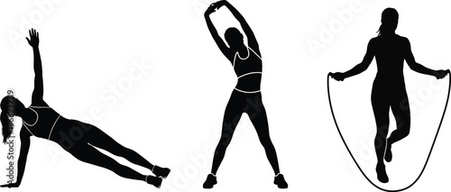 Fitness silhouettes of people exercising and doing gym workouts on white background