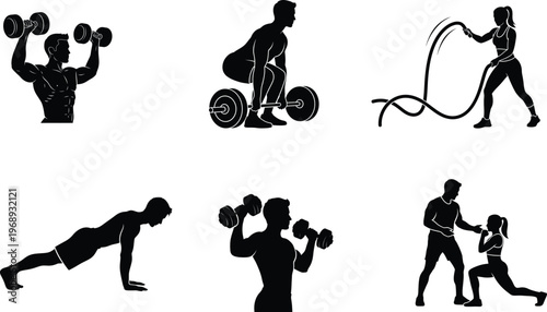 Vector illustration of a fitness evolution featuring silhouettes of a man exercising with dumbbells and people engaging in sport, running, and dance to represent a healthy human body, white background