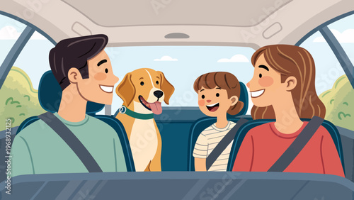 A happy family with their dog sitting in the backseat of a car on a sunny day