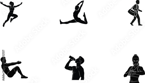 Fitness silhouettes of people exercising and doing gym workouts on white background