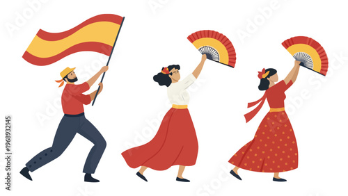 A vibrant illustration of people dancing and waving a Spanish flag with fans