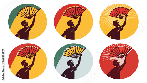 A colorful illustration of a man holding a fan in six different circular designs