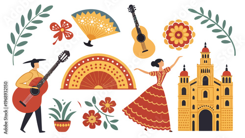A vibrant illustration of a Spanish couple dancing and playing music together in a festive scene