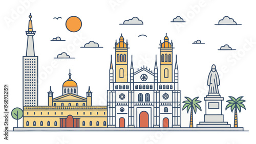 A vibrant cityscape with a mix of modern and historic buildings under a sunny sky