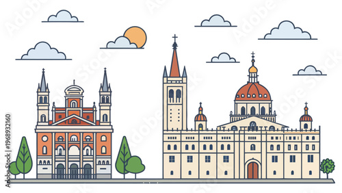 An illustration of a cityscape with historic buildings and a sunny sky