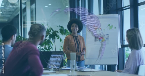 Animation of globe and data processing over business people in office