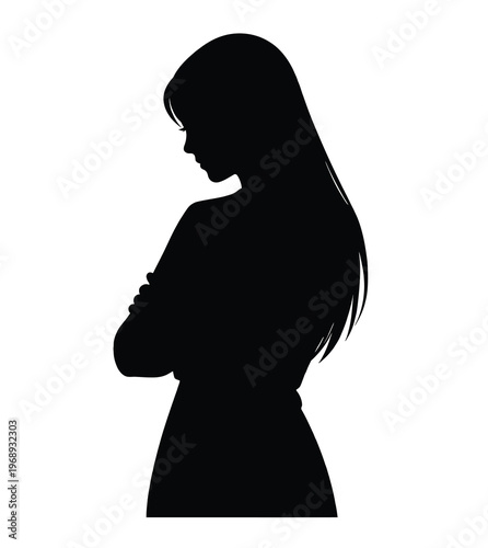 Pensive woman silhouette isolated on white background, thoughtful female portrait outline