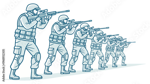A line of soldiers in tactical gear aiming rifles in a coordinated formation