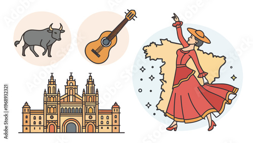 A vibrant illustration of Spanish culture featuring a flamenco dancer, guitar, bull, and cathedral.