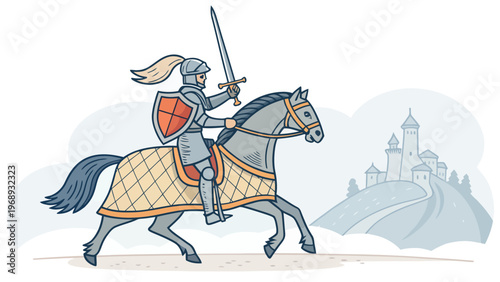 A medieval knight in armor rides a horse towards a castle on a hill