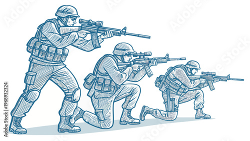 Three soldiers in tactical gear aiming rifles in a defensive position