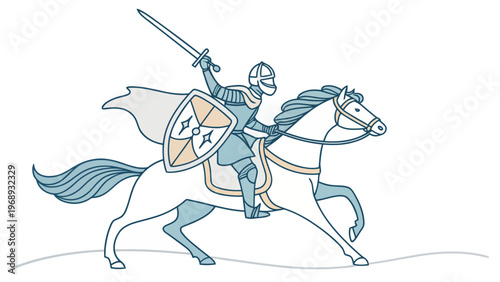 A knight in armor riding a horse with a sword and shield