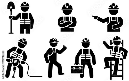 Construction workers in various poses with tools and equipment