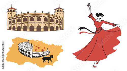 A vibrant illustration of a Spanish bullring, map, and flamenco dancer in traditional dress.