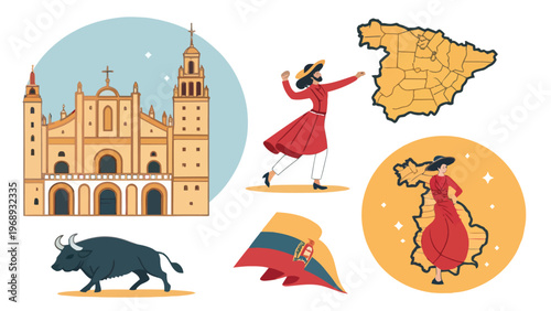 A vibrant illustration of Spanish culture featuring a cathedral, a dancing woman, a map of Spain, a bull, and a flag.