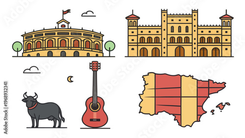 A colorful illustration of Spanish culture featuring a bull, guitar, and famous landmarks.
