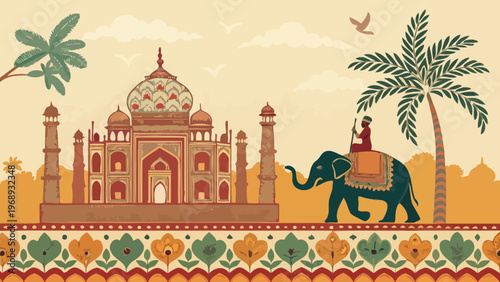 A vibrant illustration of the Taj Mahal with an elephant and rider in a serene Indian landscape