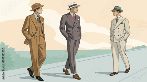 Three well-dressed men in suits and hats standing on a road with a serene landscape background