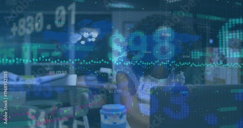 Animation of financial data processing over businesswoman